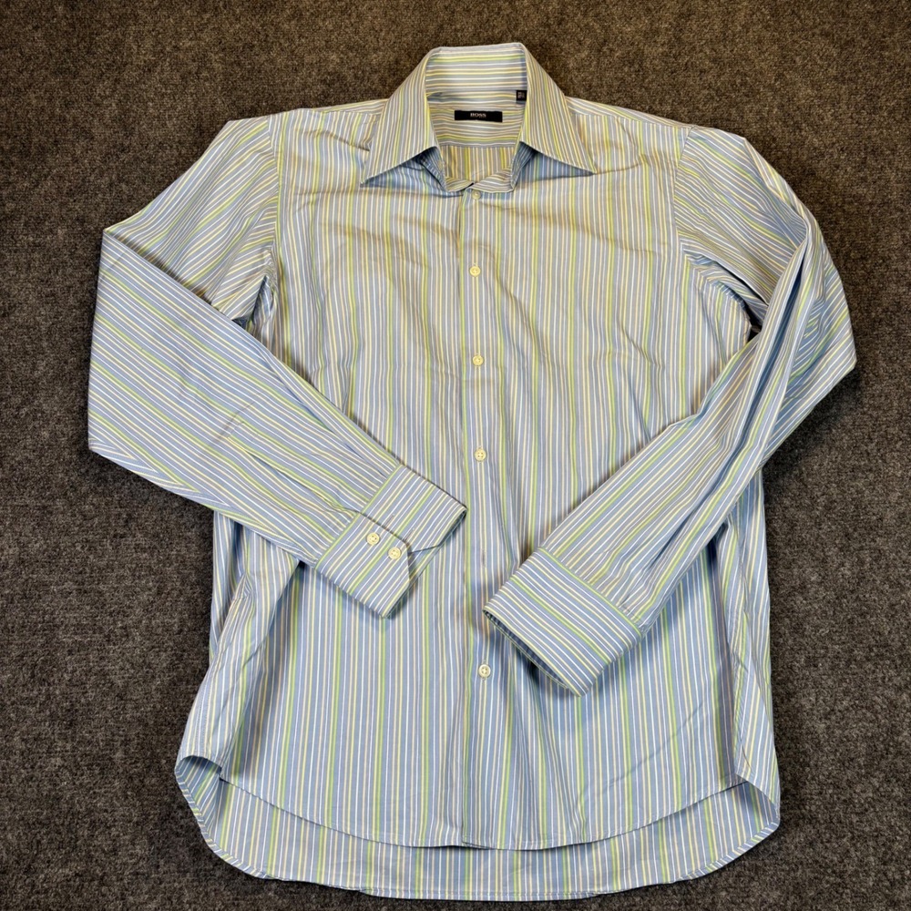 BOSS Hugo Boss Striped Dress Shirt Mens 15 1/2 34 35 Blue Green White Yellow